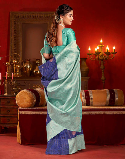 Blue Silk Woven Zari Stripe Saree