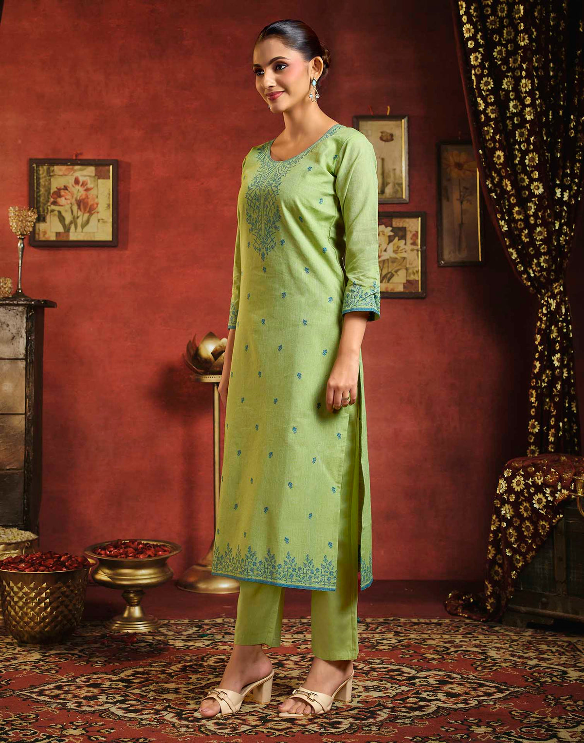 Parrot Green Pure Cotton Woven Straight Kurta Set With Dupatta