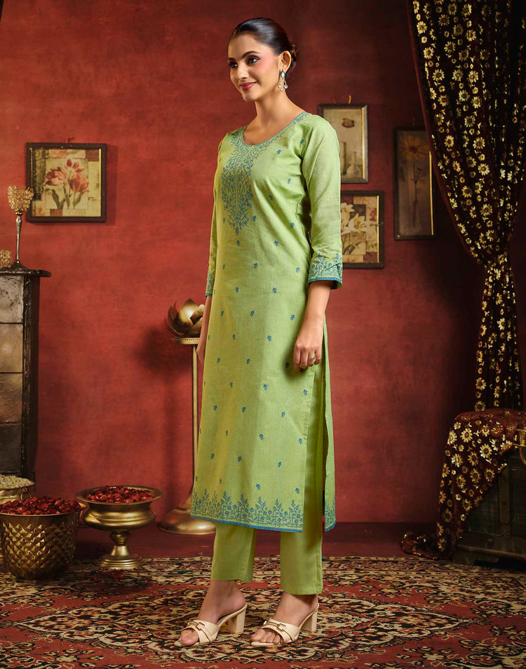 Parrot Green Pure Cotton Woven Straight Kurta Set With Dupatta