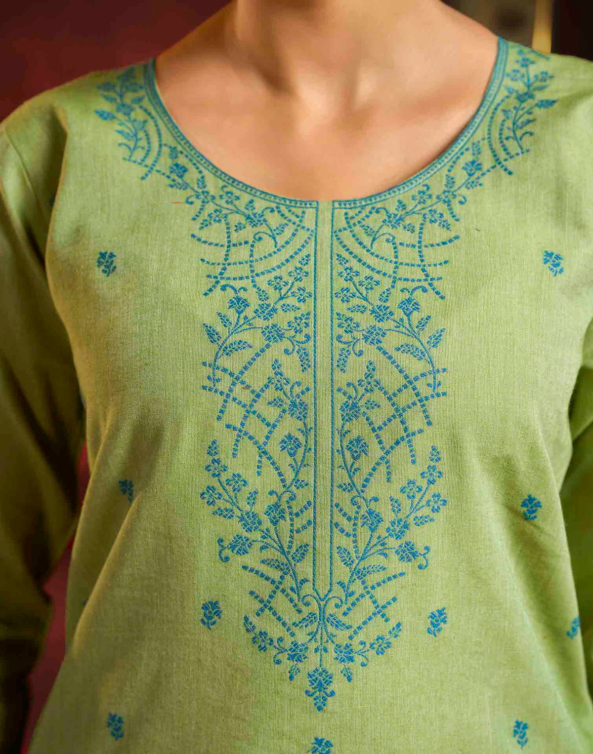 Parrot Green Pure Cotton Woven Straight Kurta Set With Dupatta