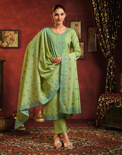 Parrot Green Pure Cotton Woven Straight Kurta Set With Dupatta