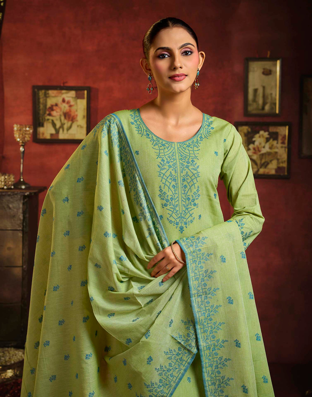 Parrot Green Pure Cotton Woven Straight Kurta Set With Dupatta