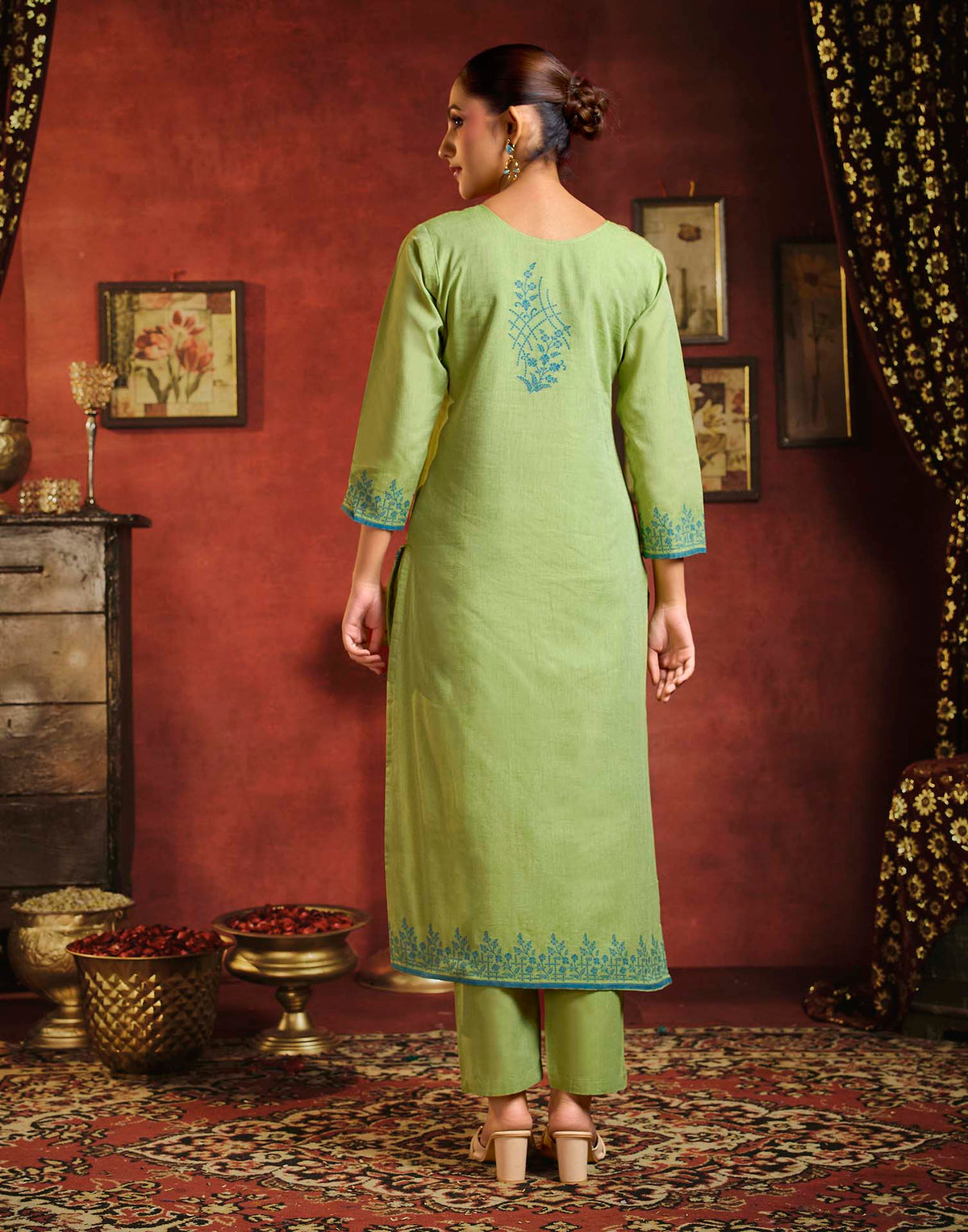 Parrot Green Pure Cotton Woven Straight Kurta Set With Dupatta
