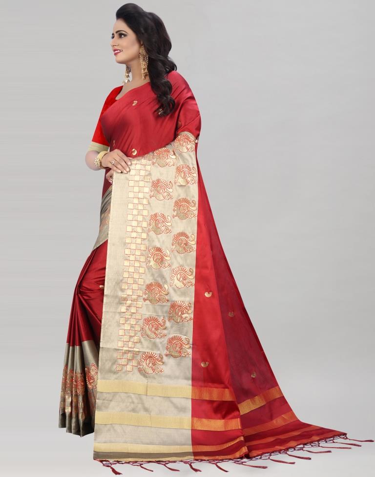 Maroon Coloured Poly Silk Zari Embroidered Partywear Saree | Sudathi