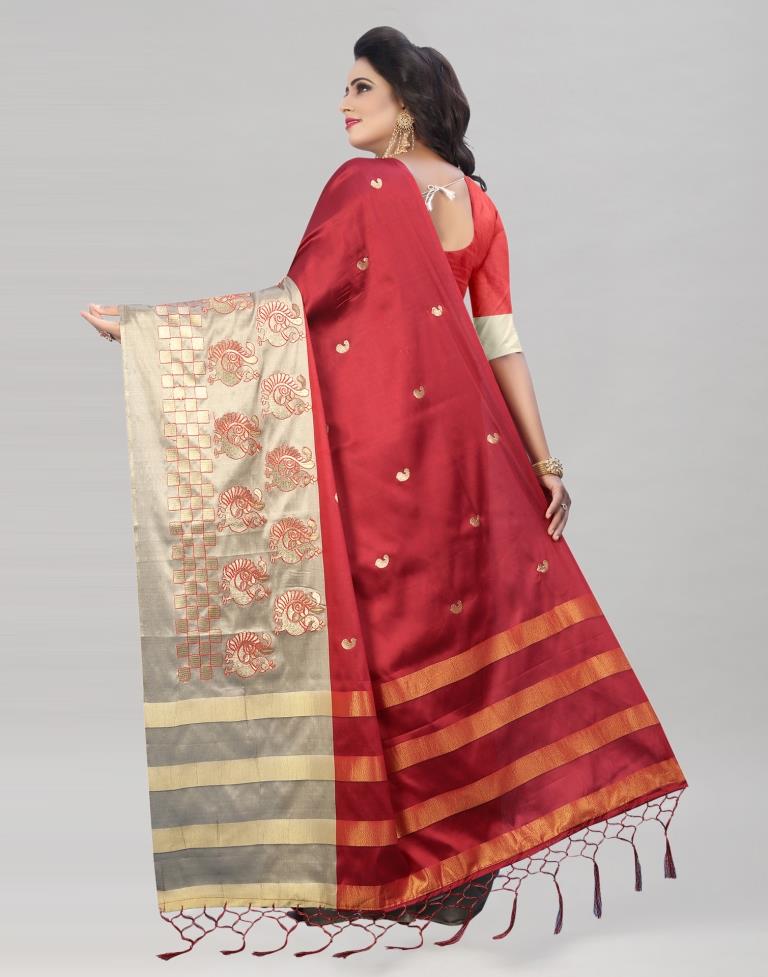 Maroon Coloured Poly Silk Zari Embroidered Partywear Saree | Sudathi