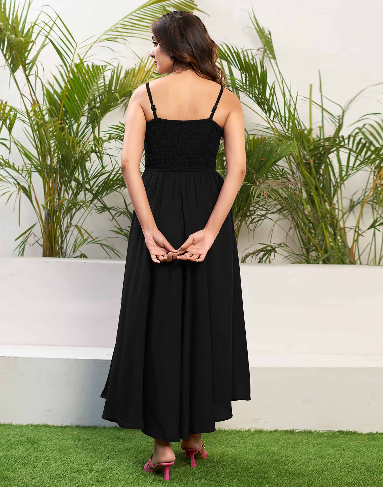 Black Rayon Plain Flared Dress