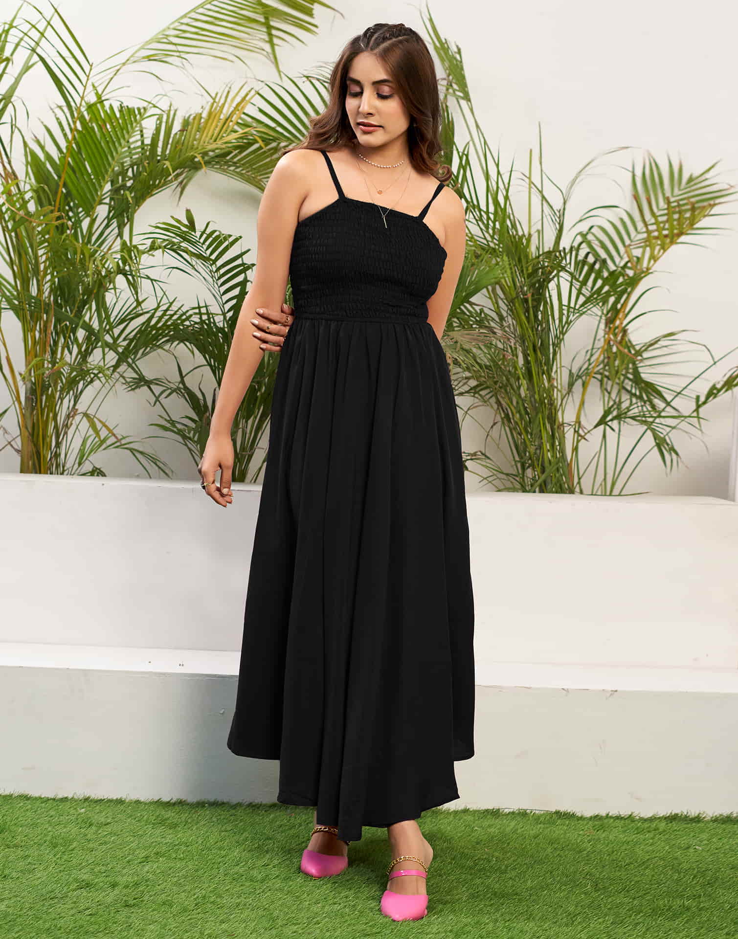 Black Rayon Plain Flared Dress