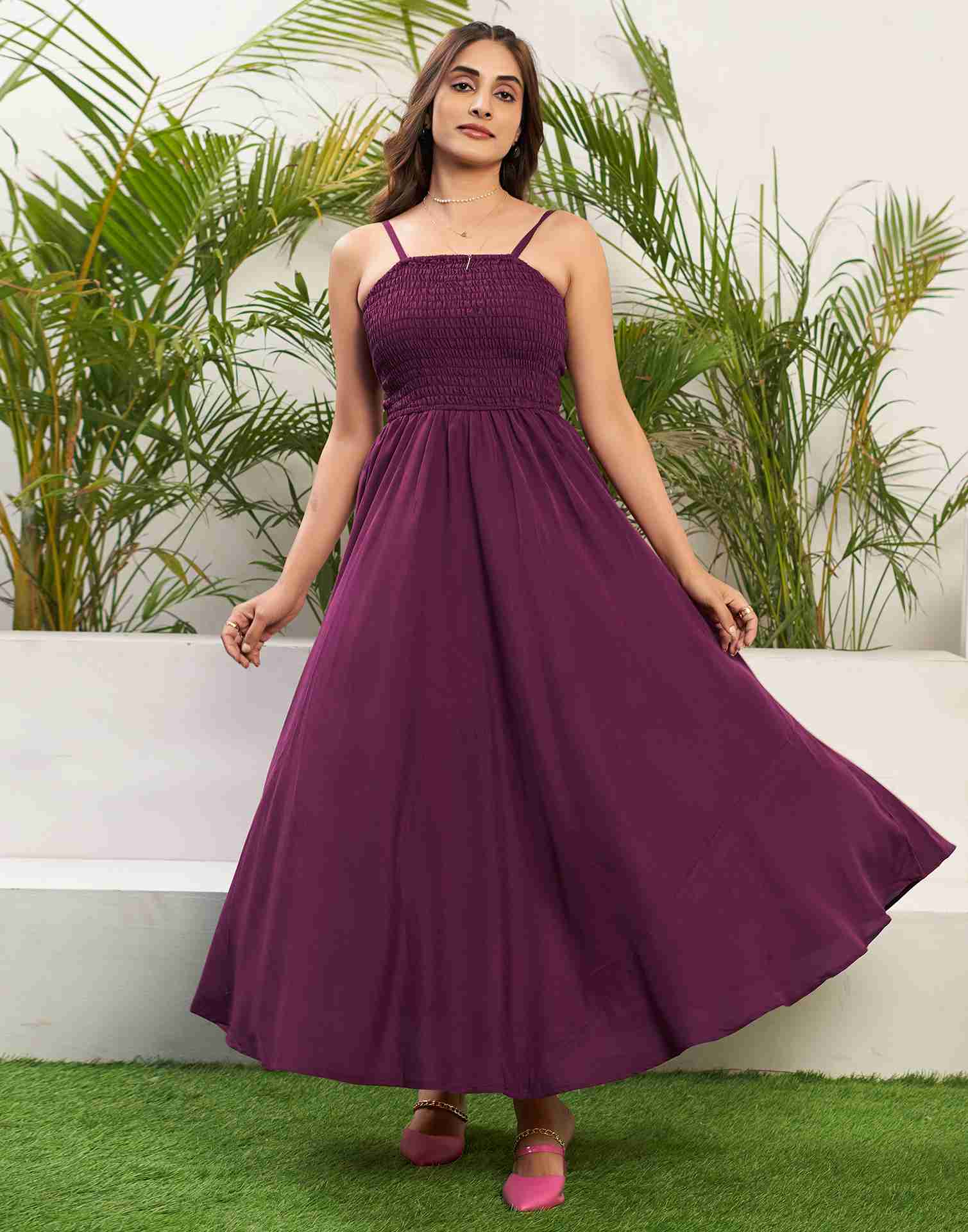 Wine Rayon Plain Flared Dress