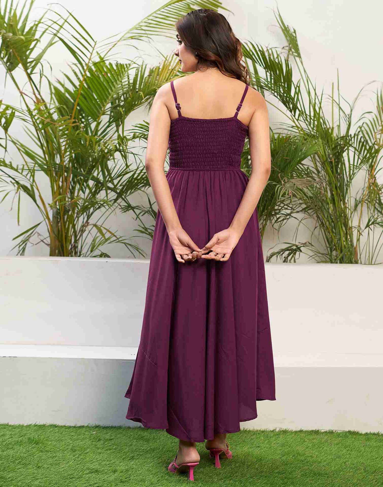 Wine Rayon Plain Flared Dress