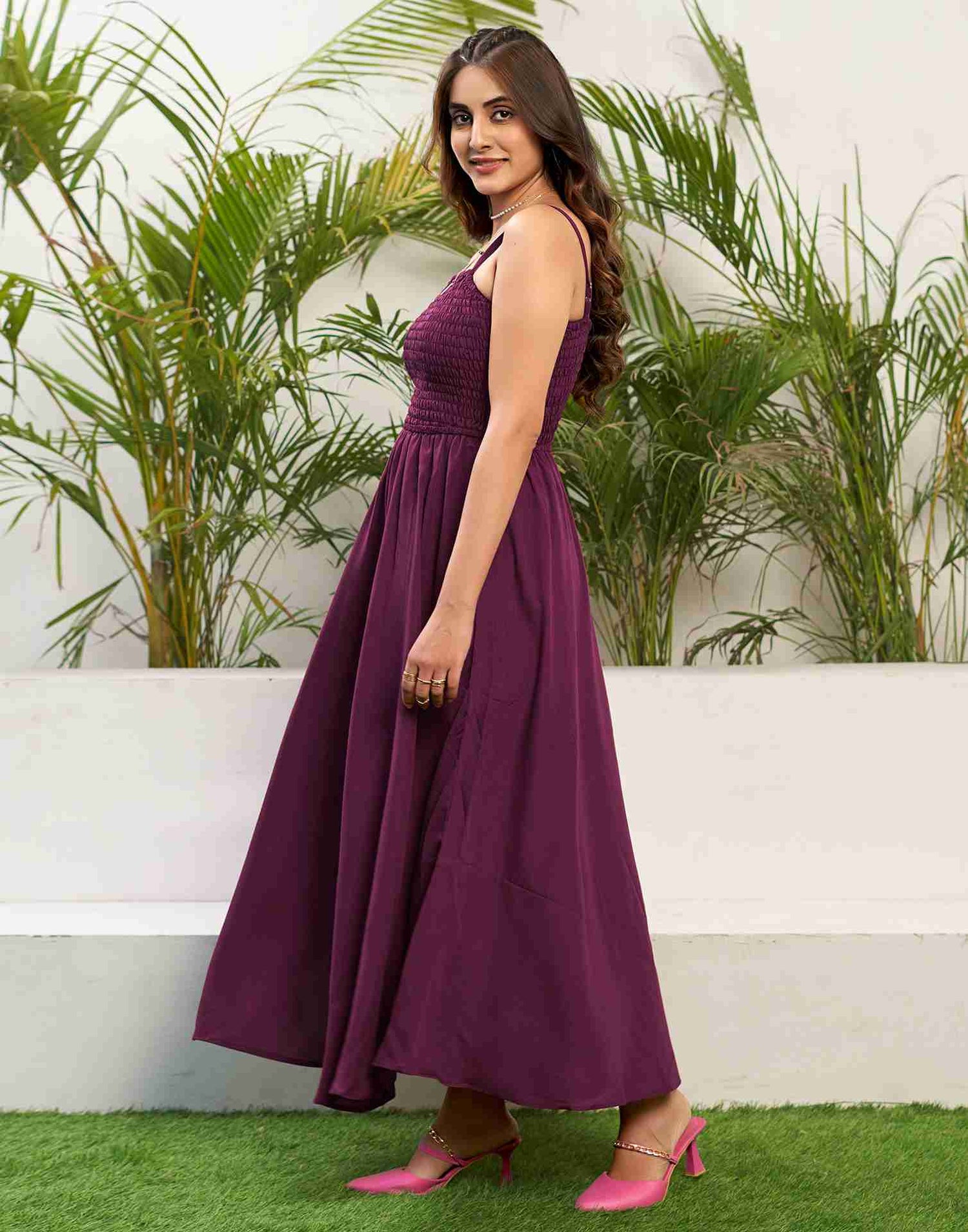 Wine Rayon Plain Flared Dress