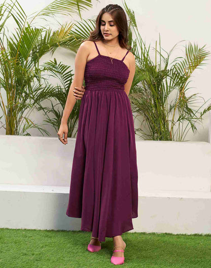 Wine Rayon Plain Flared Dress