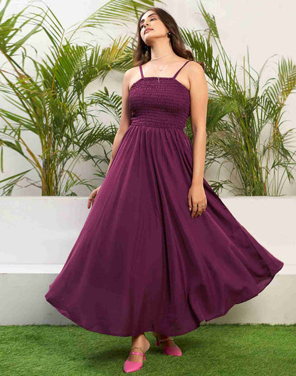 Wine Rayon Plain Flared Dress