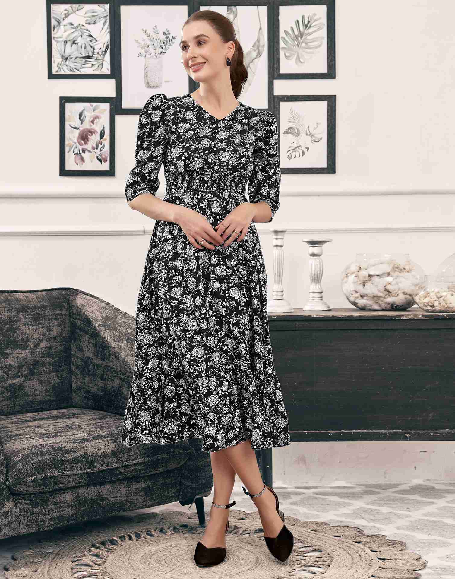 Black Polyester Printed Flared Dress