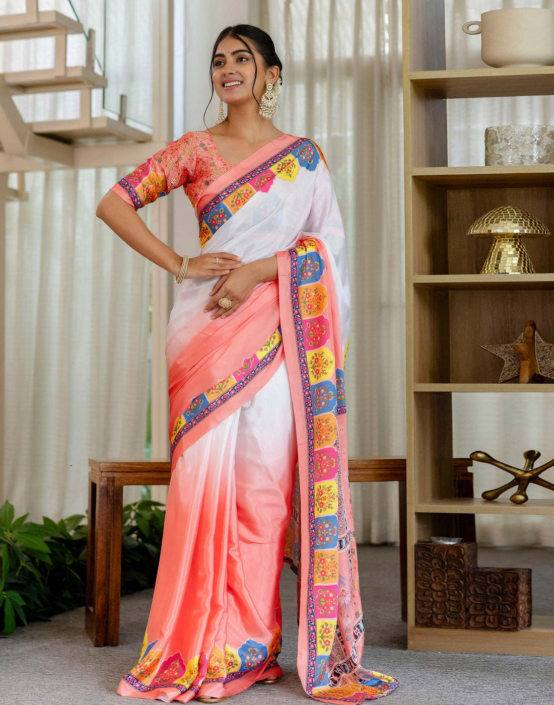 Ready To Wear Peach Silk Printed Saree