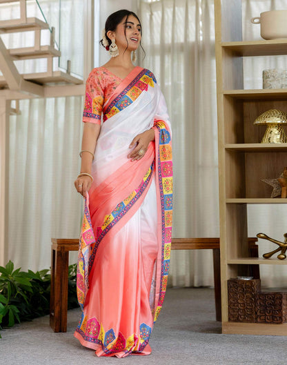Ready To Wear Peach Silk Printed Saree