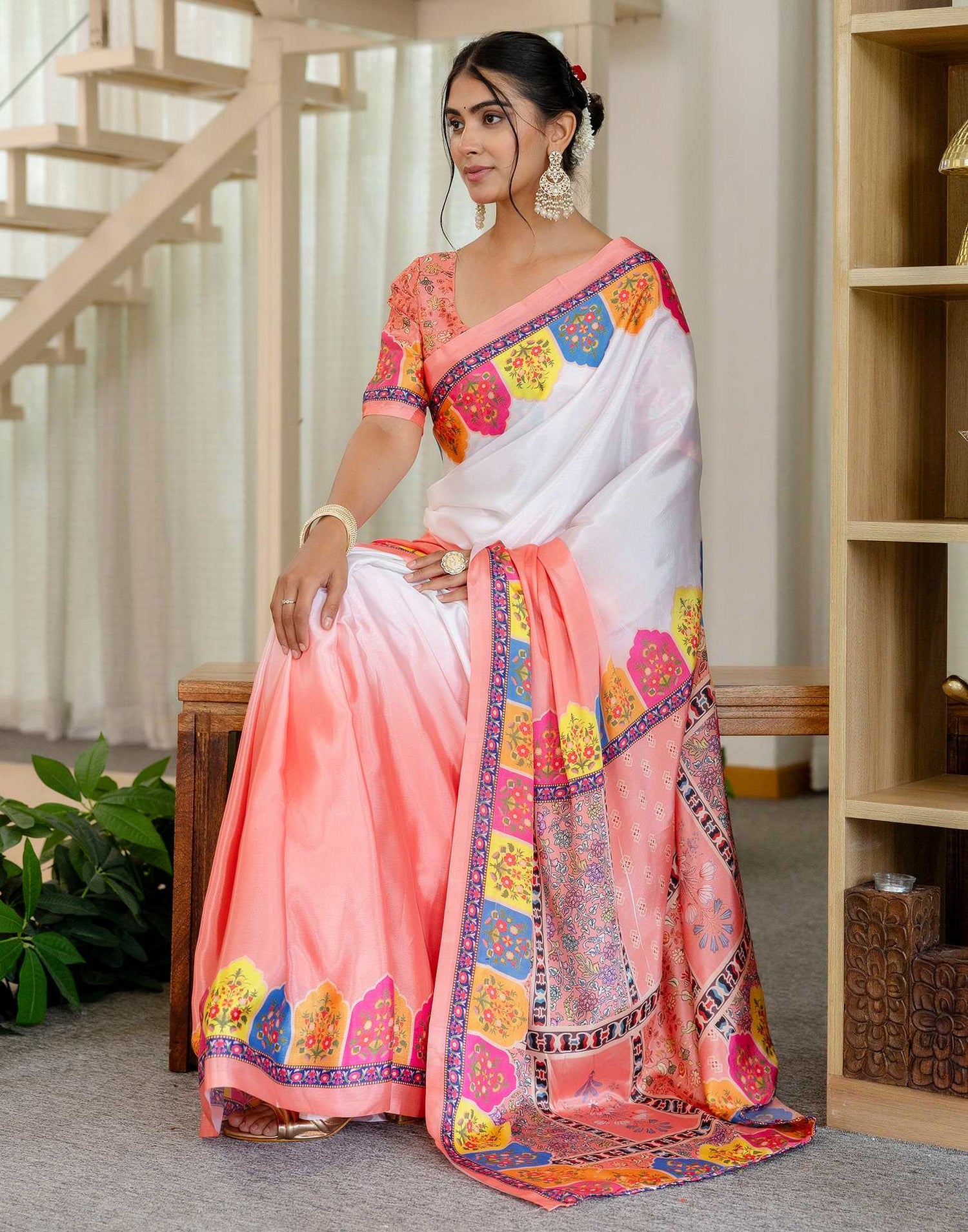 Ready To Wear Peach Silk Printed Saree