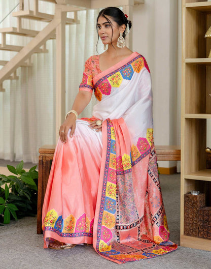 Ready To Wear Peach Silk Printed Saree