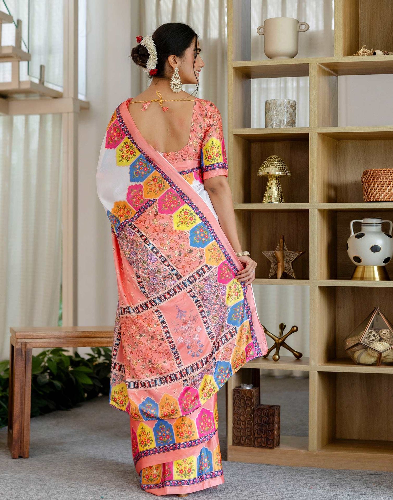 Ready To Wear Peach Silk Printed Saree