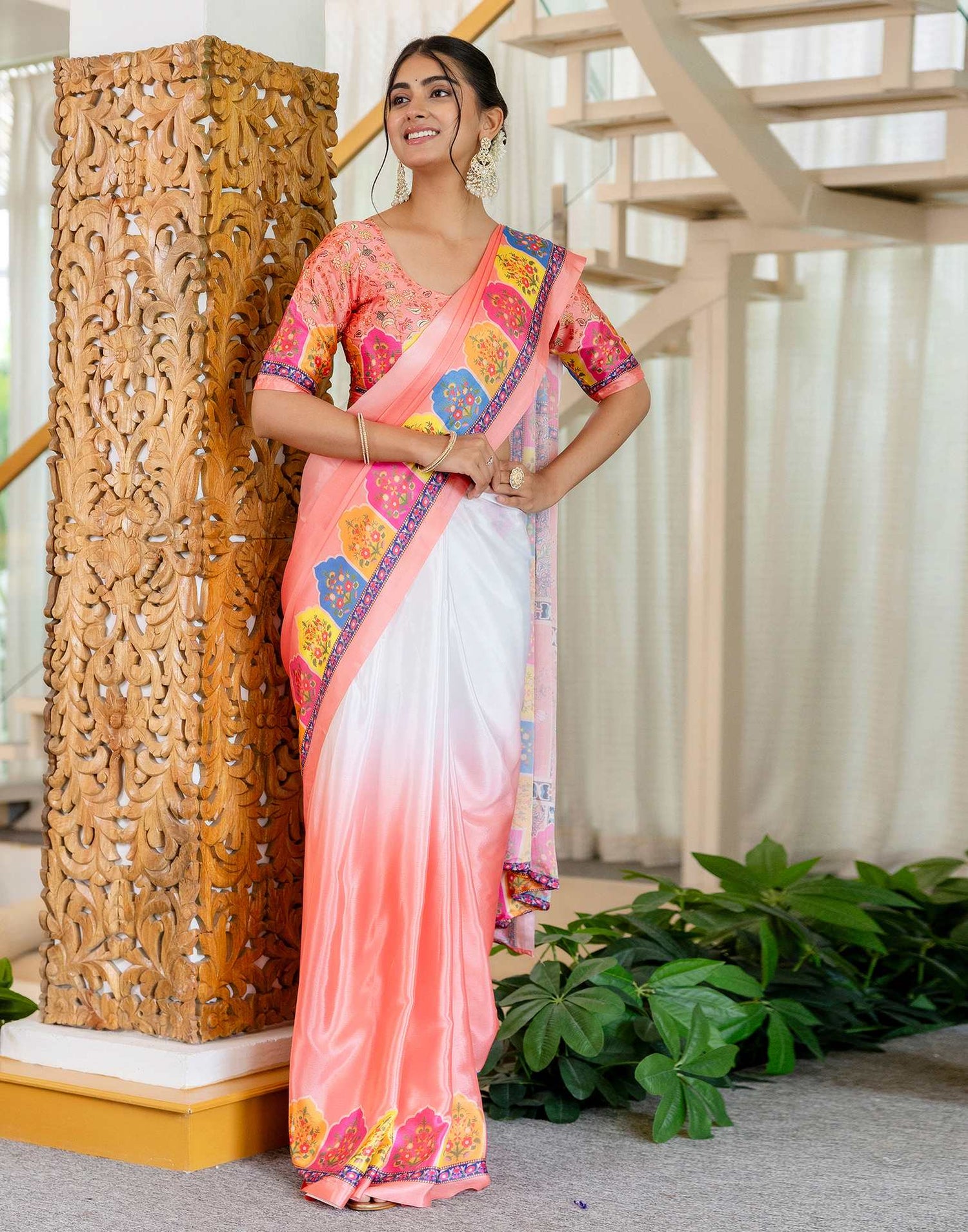 Ready To Wear Peach Silk Printed Saree