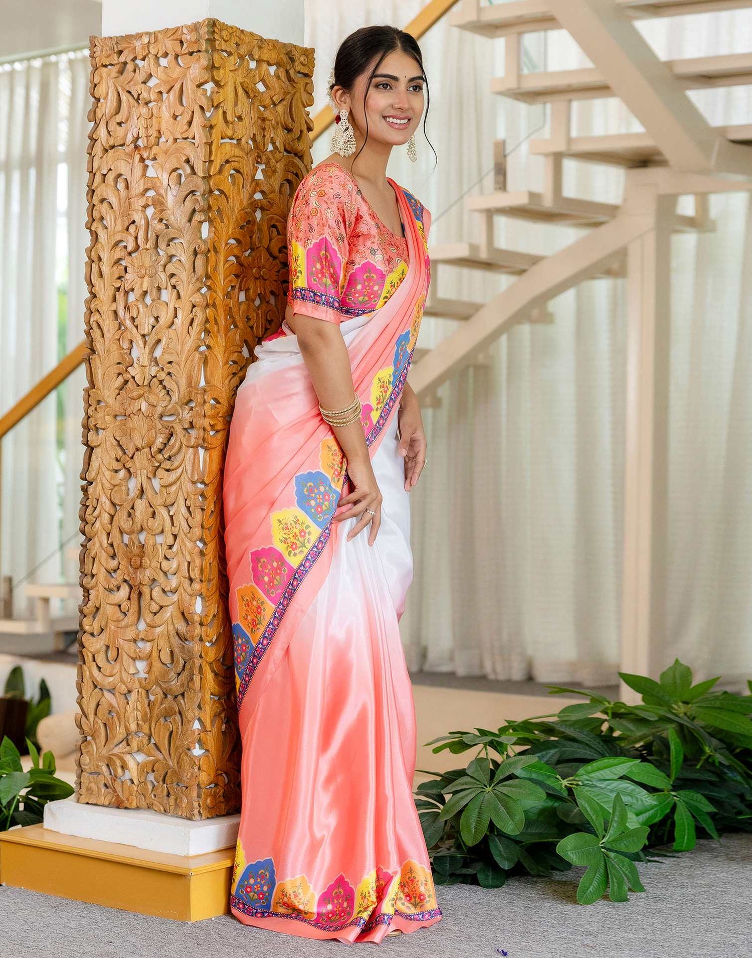Ready To Wear Peach Silk Printed Saree