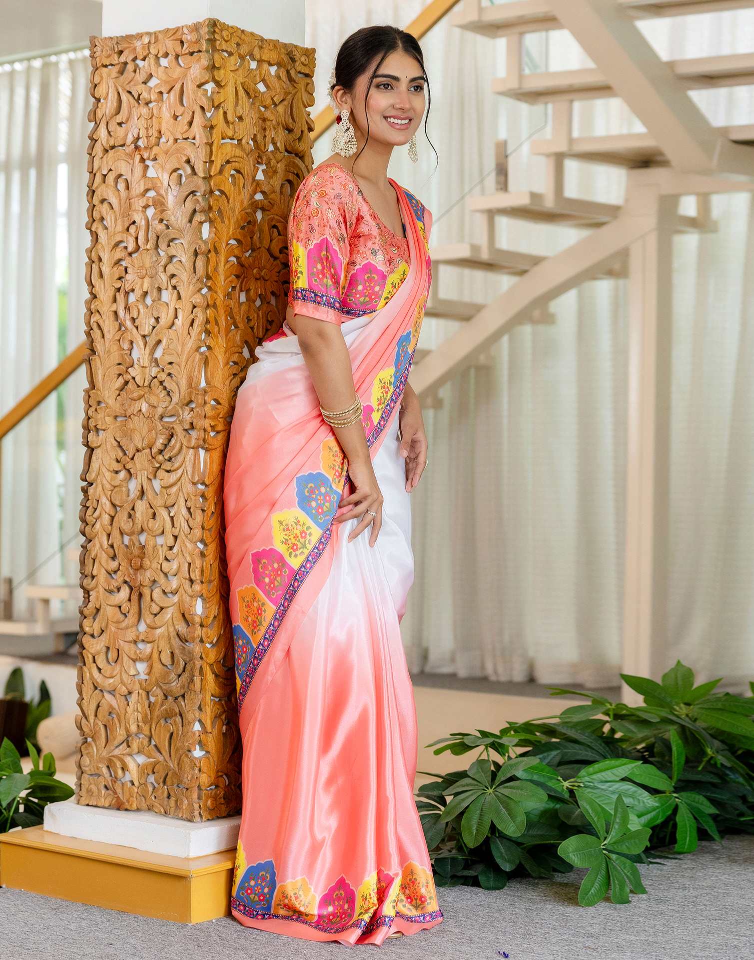 Ready To Wear Peach Silk Printed Saree