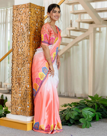 Ready To Wear Peach Silk Printed Saree