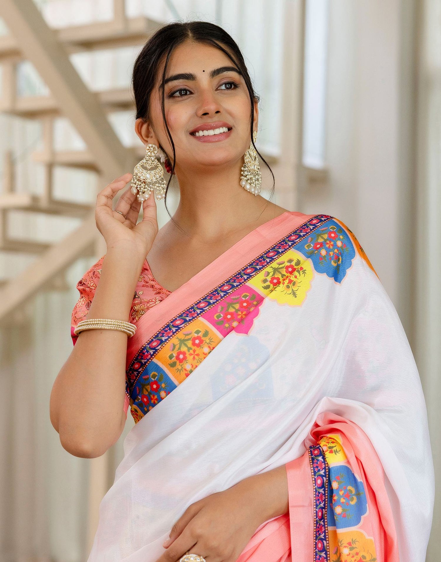 Ready To Wear Peach Silk Printed Saree