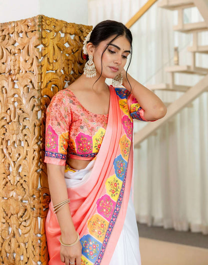 Ready To Wear Peach Silk Printed Saree