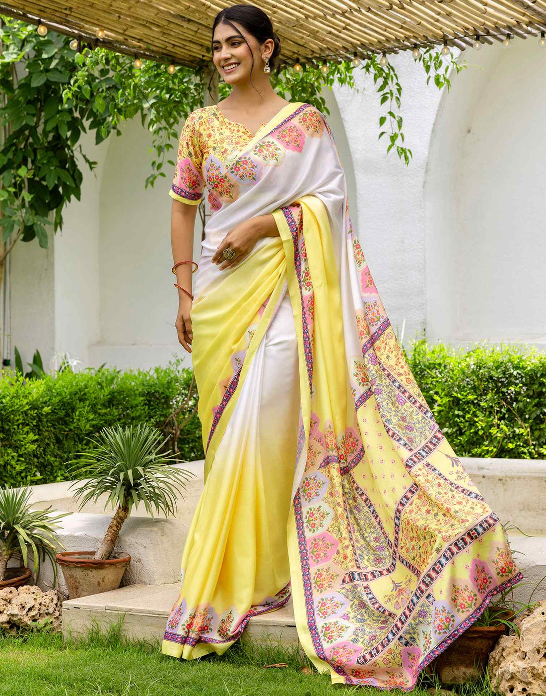 Ready To Wear Light Yellow Silk Printed Saree