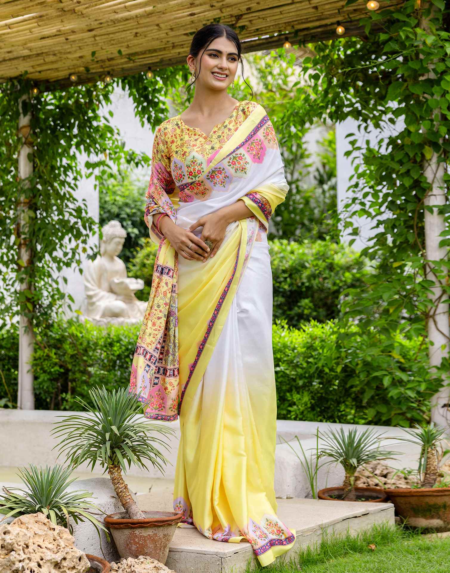 Ready To Wear Light Yellow Silk Printed Saree