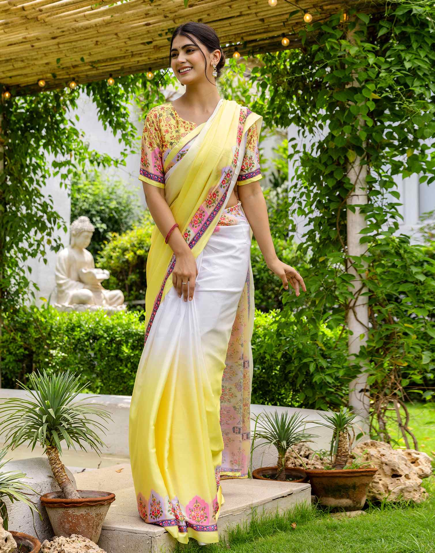 Ready To Wear Light Yellow Silk Printed Saree
