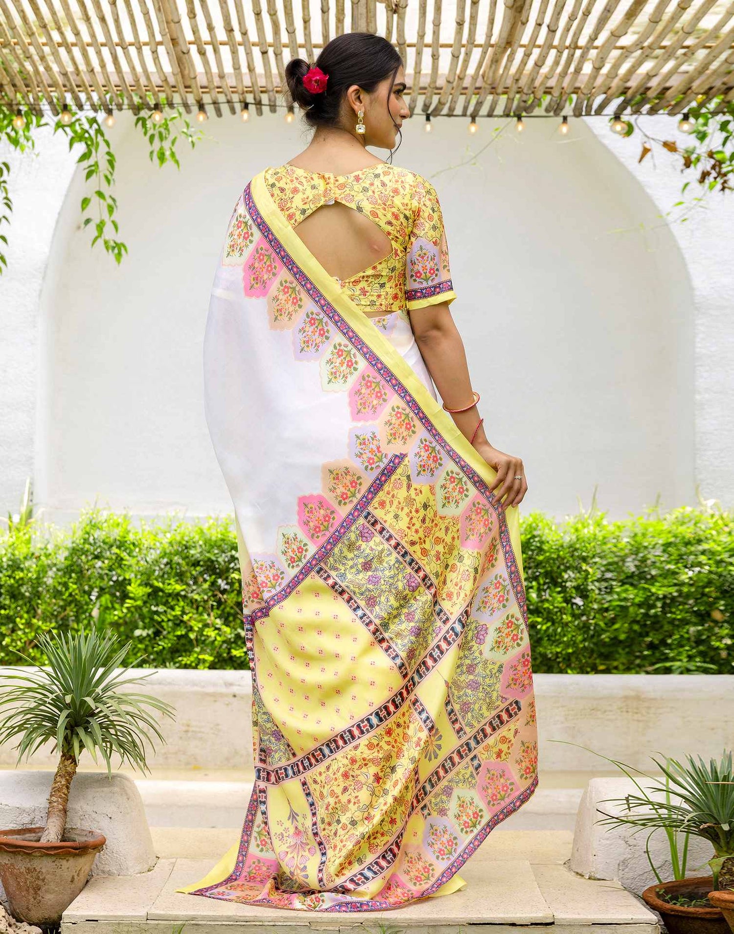 Ready To Wear Light Yellow Silk Printed Saree