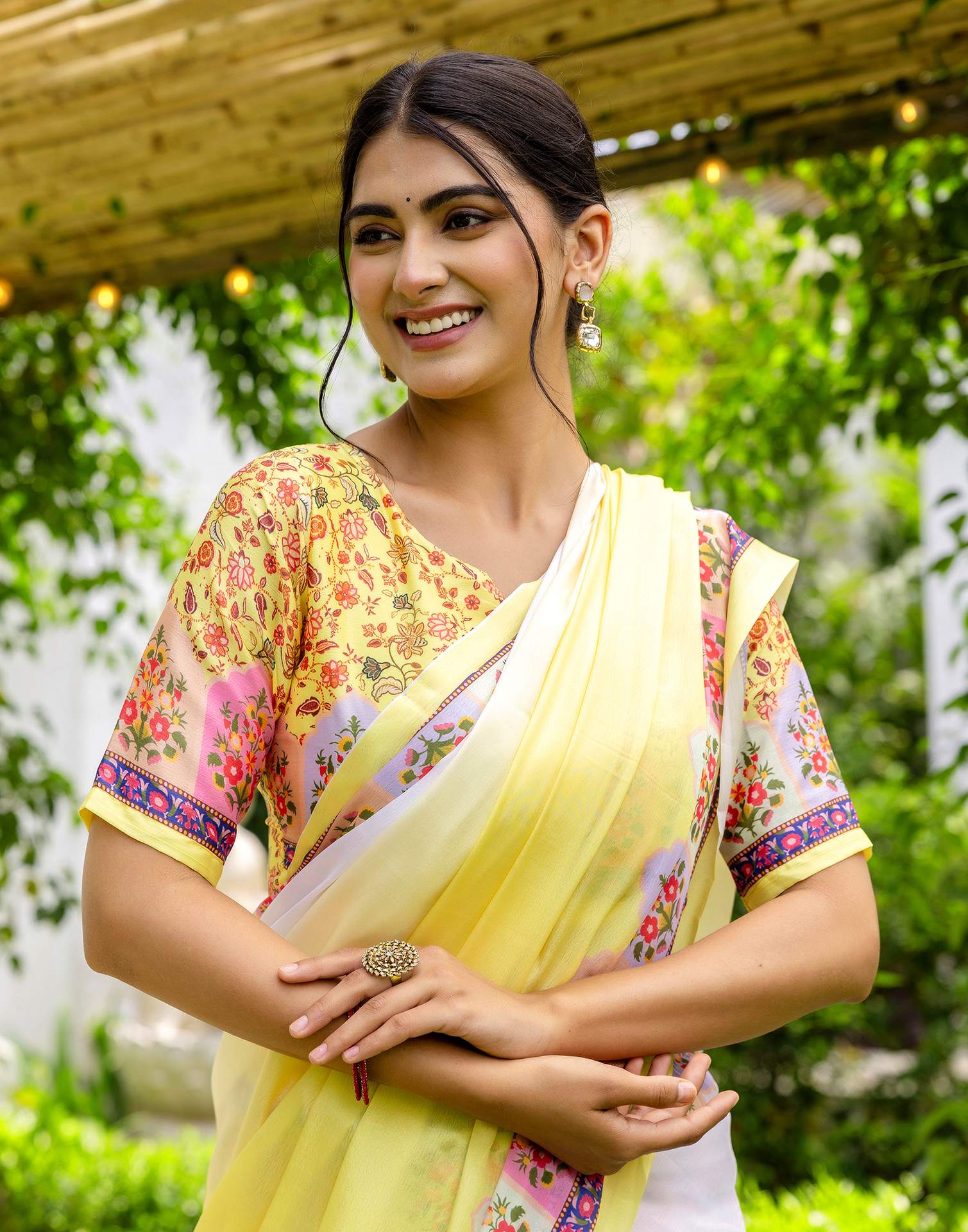 Ready To Wear Light Yellow Silk Printed Saree