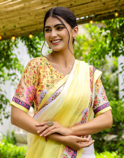 Ready To Wear Light Yellow Silk Printed Saree