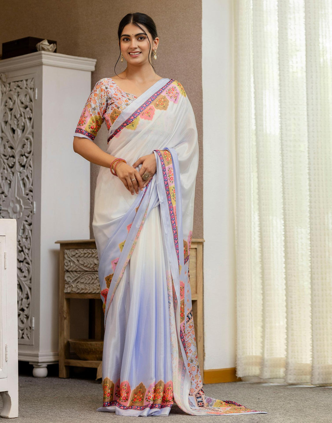 Ready To Wear Sky Blue Silk Printed Saree