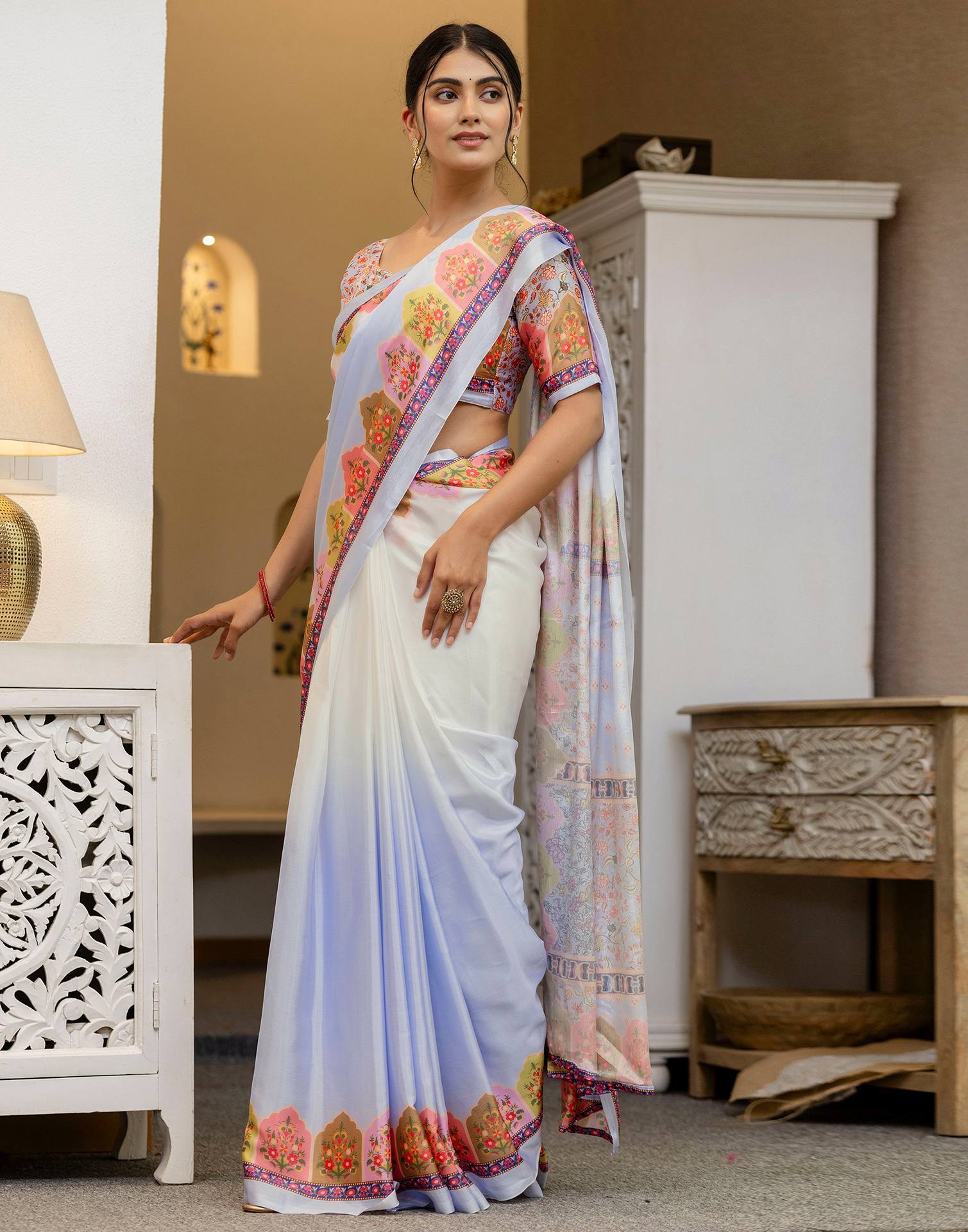 Ready To Wear Sky Blue Silk Printed Saree