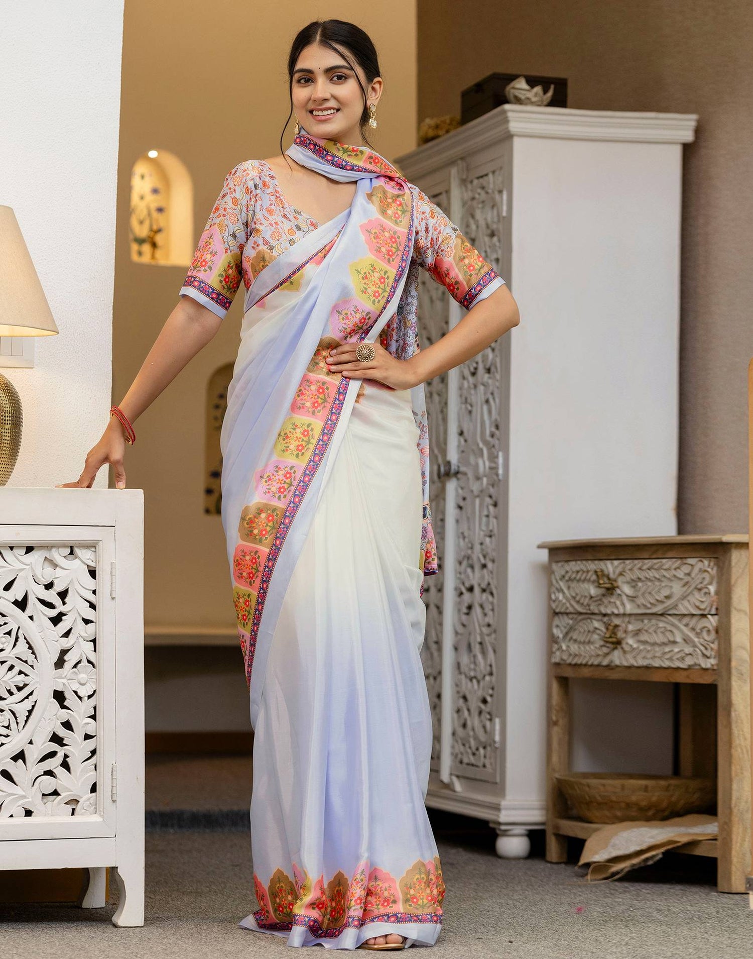 Ready To Wear Sky Blue Silk Printed Saree
