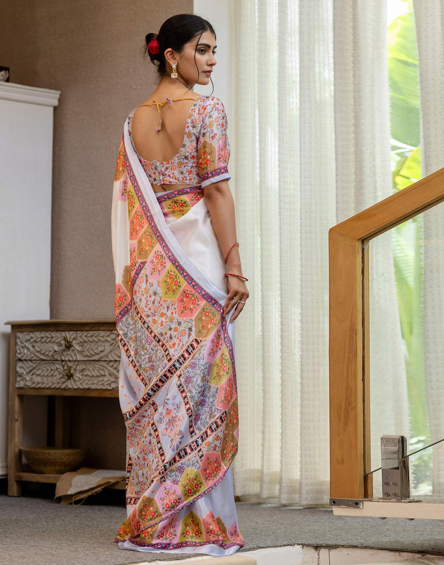 Ready To Wear Sky Blue Silk Printed Saree