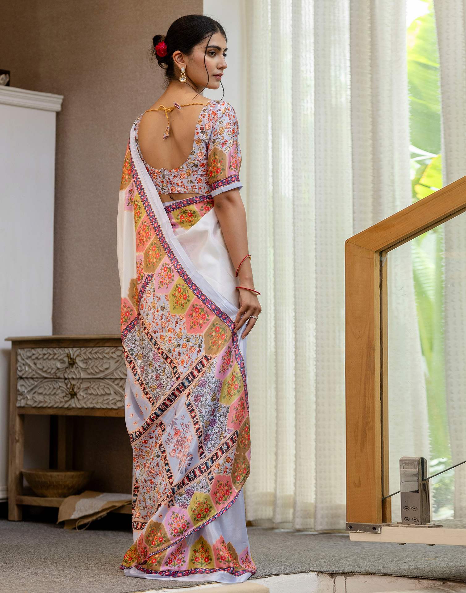 Ready To Wear Sky Blue Silk Printed Saree