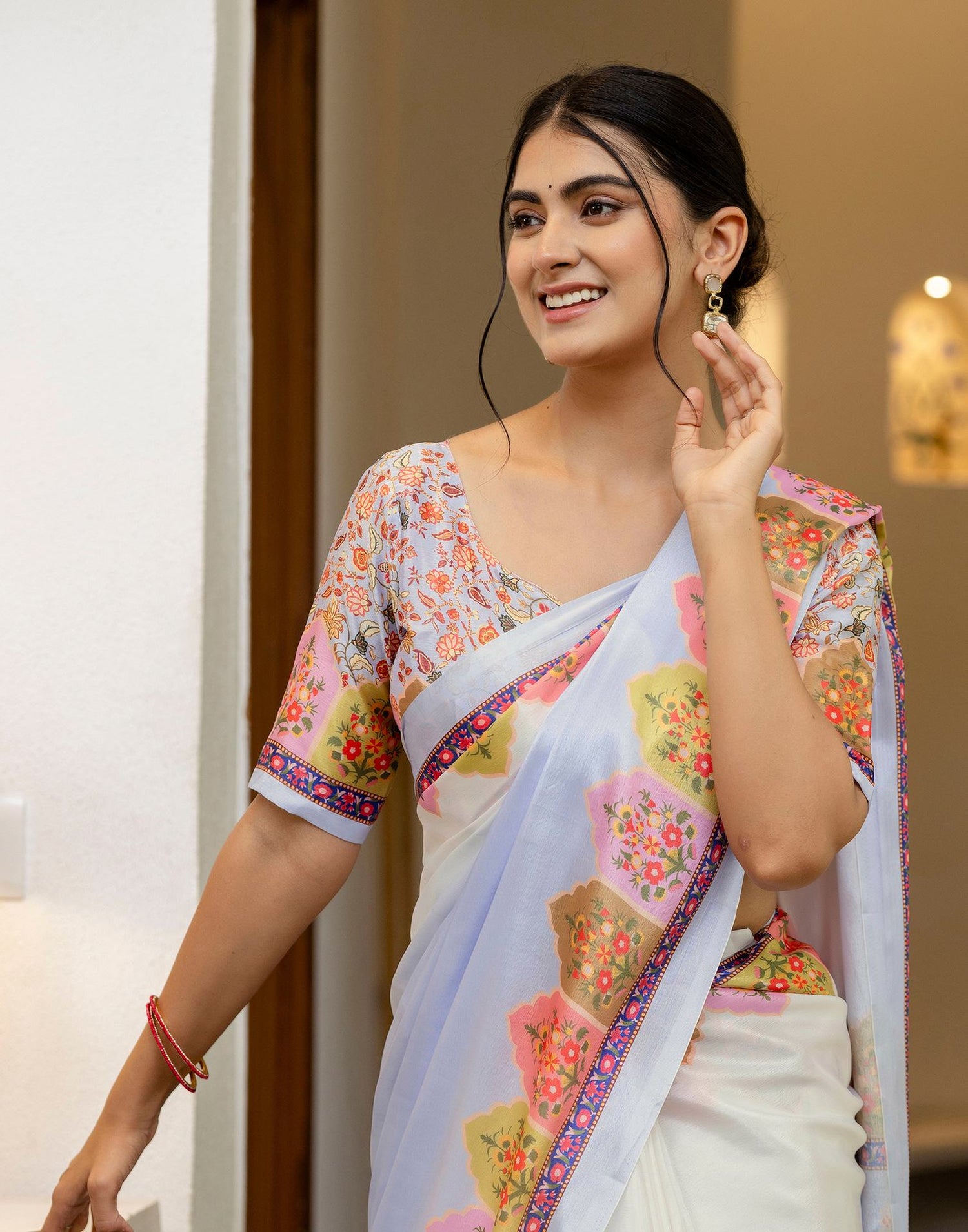 Ready To Wear Sky Blue Silk Printed Saree