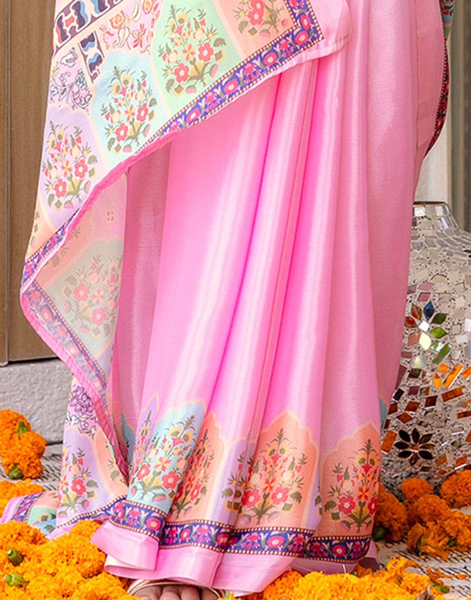 Ready To Wear Pink Silk Printed Saree