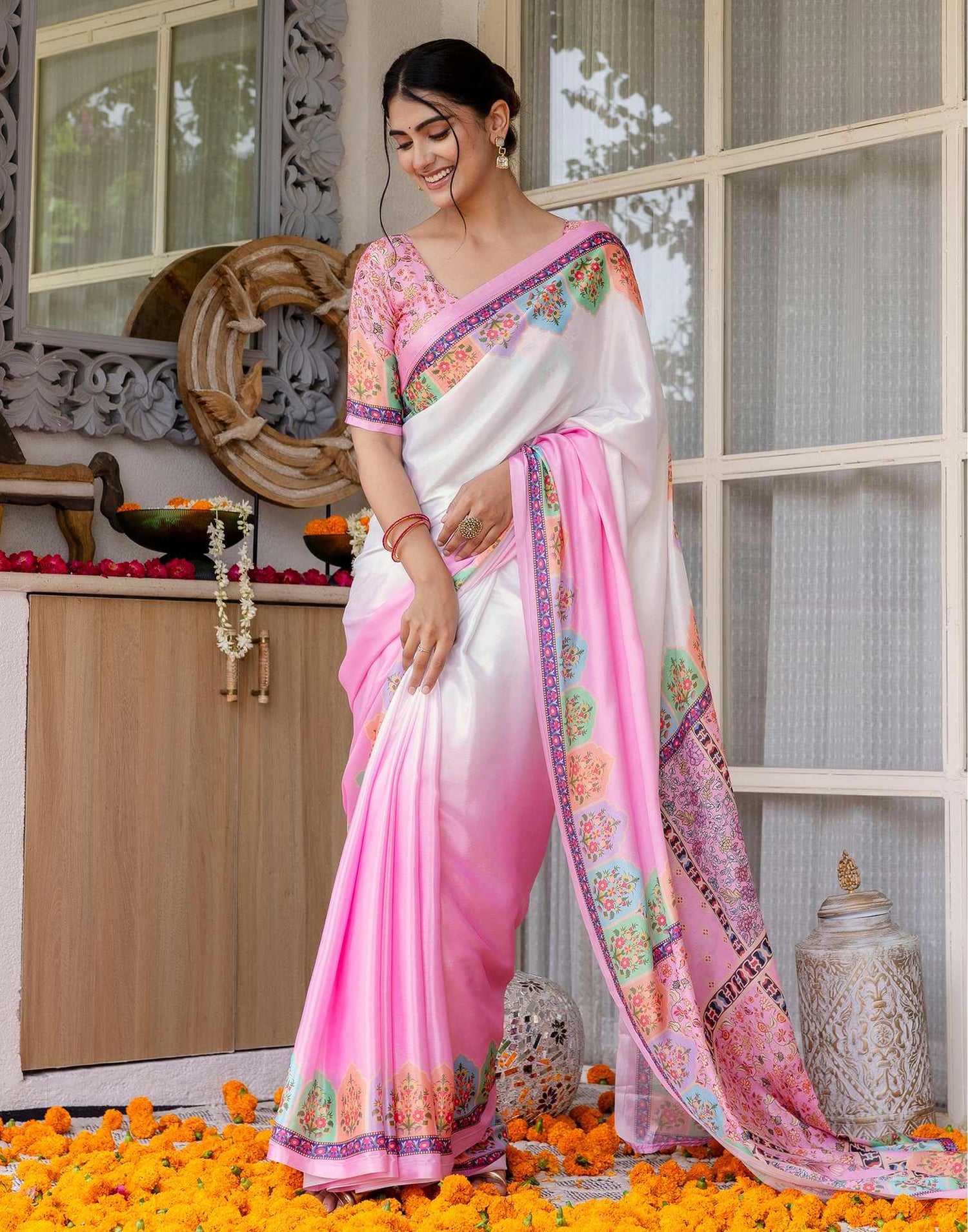 Ready To Wear Pink Silk Printed Saree