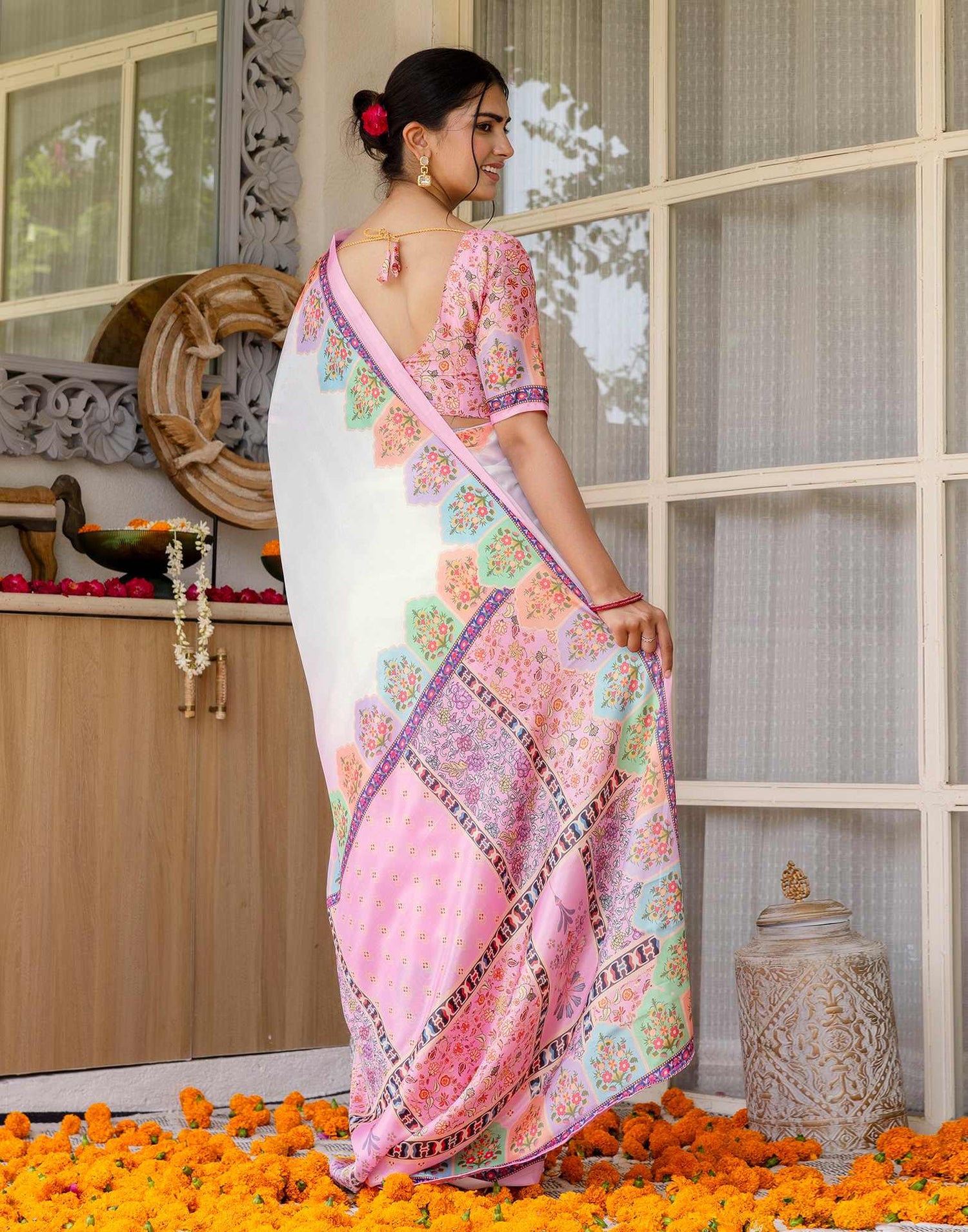 Ready To Wear Pink Silk Printed Saree