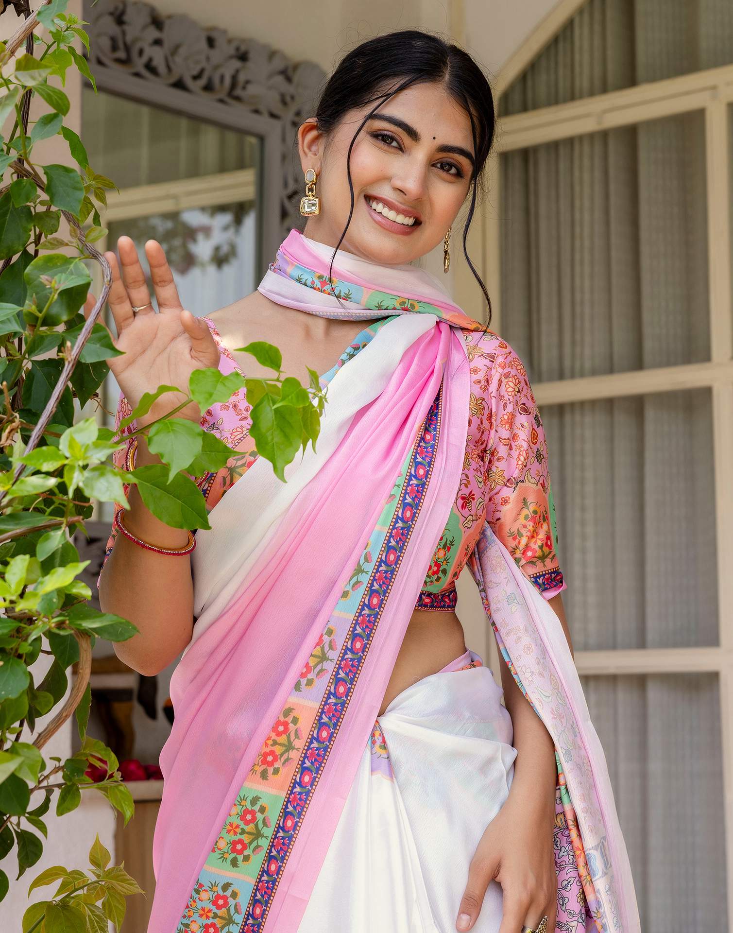 Ready To Wear Pink Silk Printed Saree