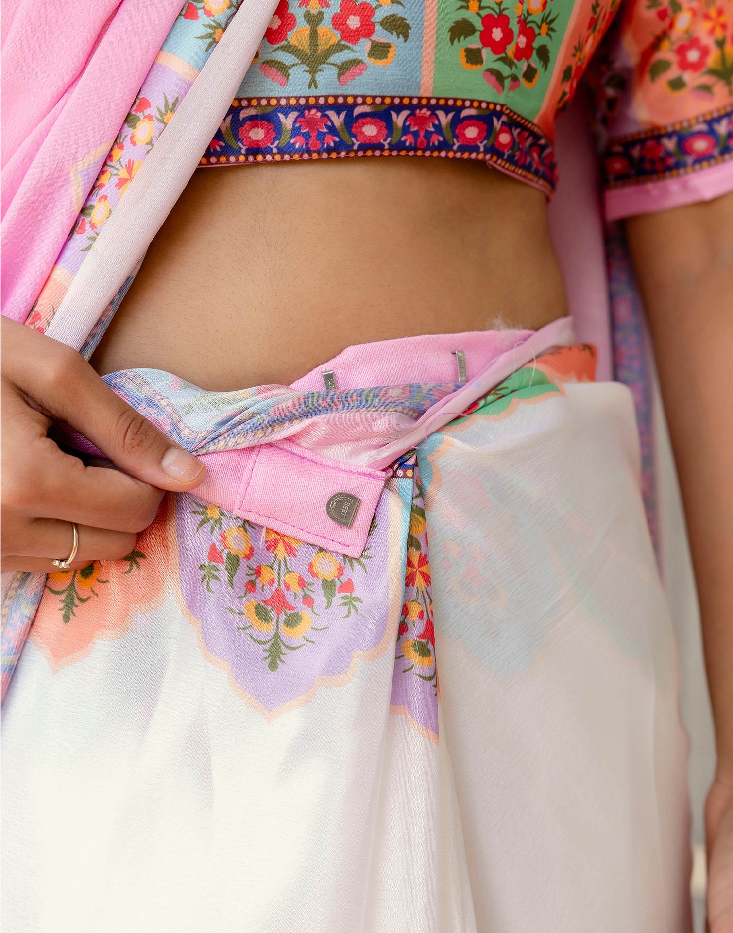 Ready To Wear Pink Silk Printed Saree