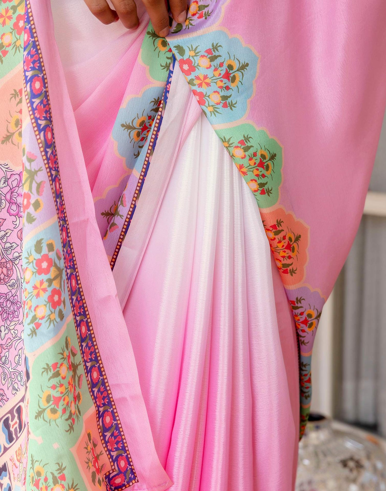 Ready To Wear Pink Silk Printed Saree