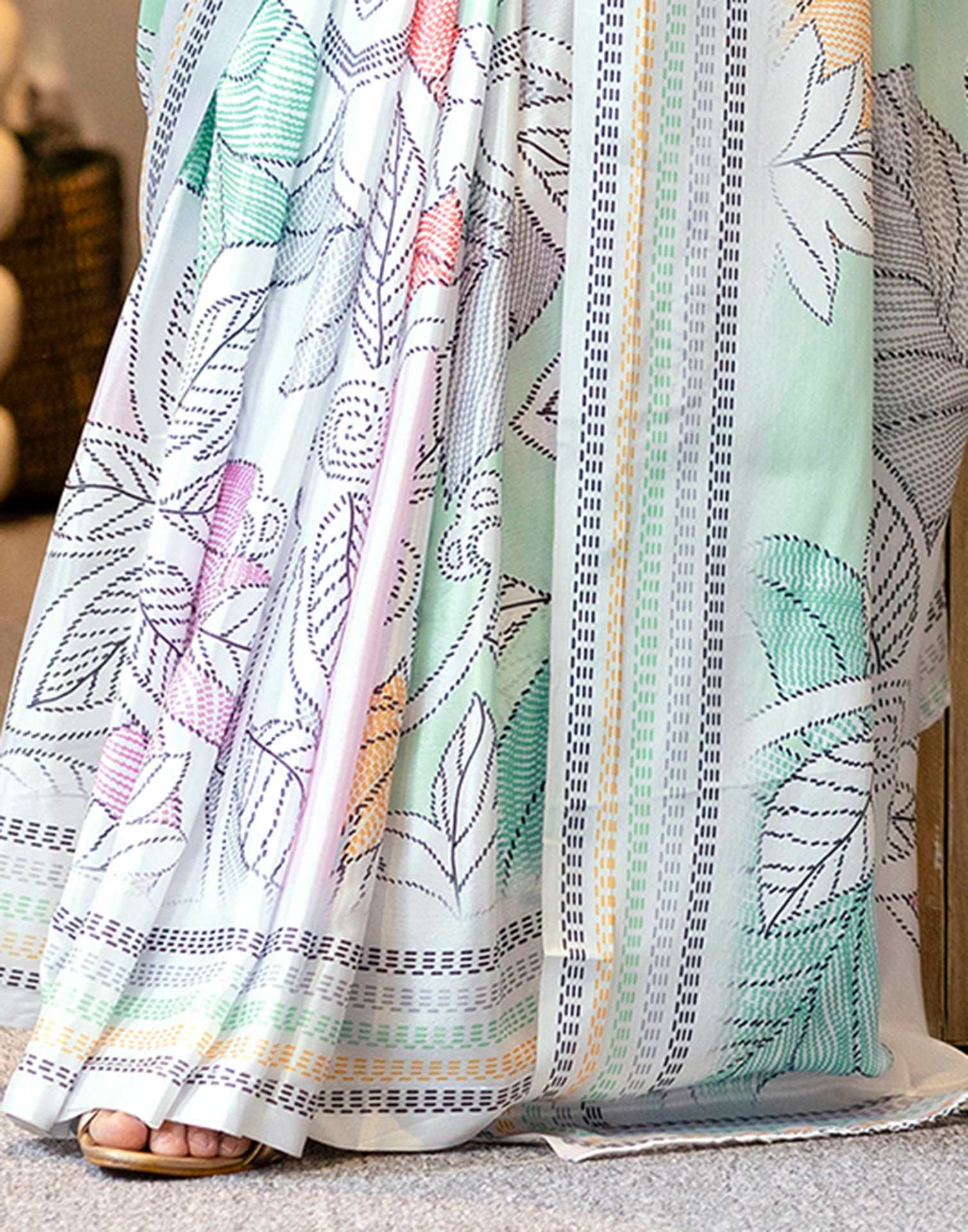 Ready To Wear Off White Silk Printed Saree