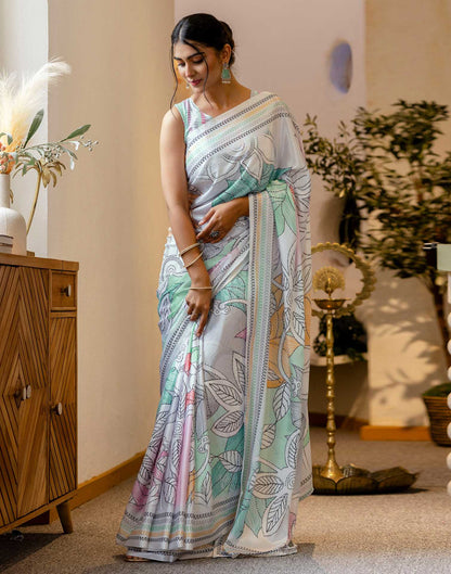 Ready To Wear Off White Silk Printed Saree