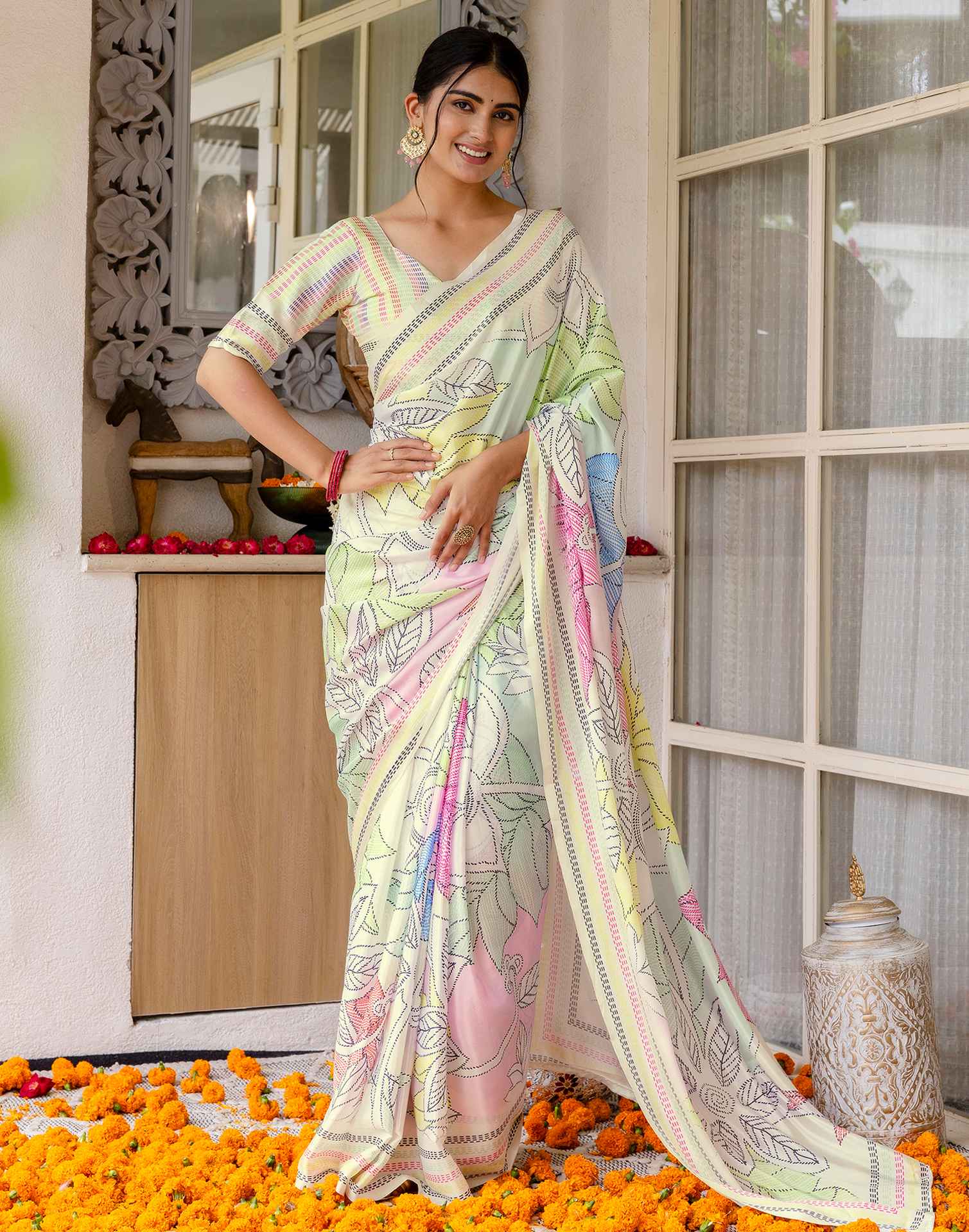 Ready To Wear Off White Silk Printed Saree