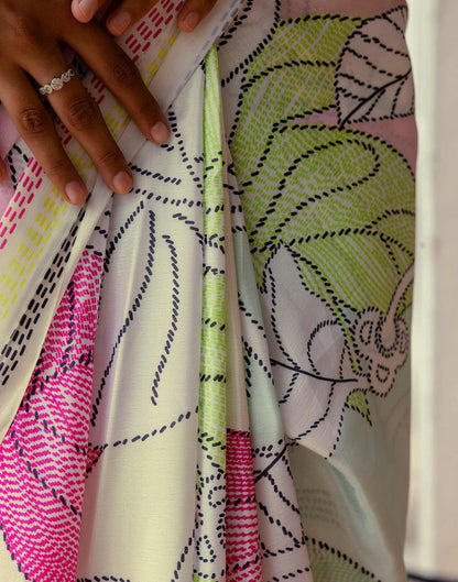 Ready To Wear Off White Silk Printed Saree
